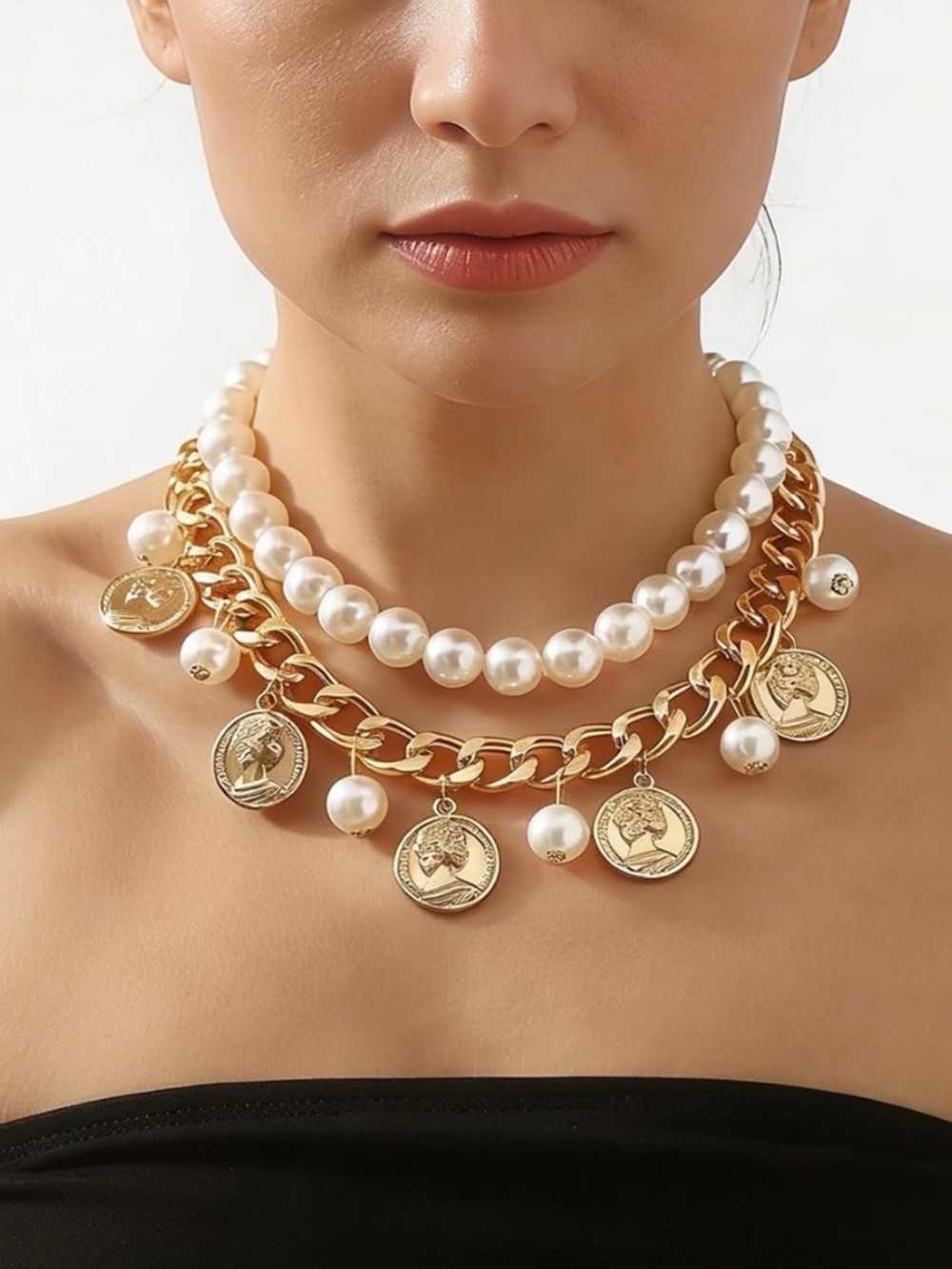 Luxe Roman Coin Pearl Necklace Chunky Gold Cuban Link Choker